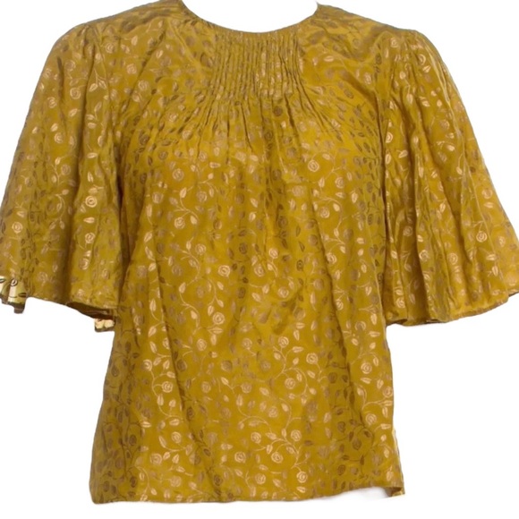 ST. Roche Mustard Floral Hope Metallic Silk Top SZ L - Picture 5 of 6